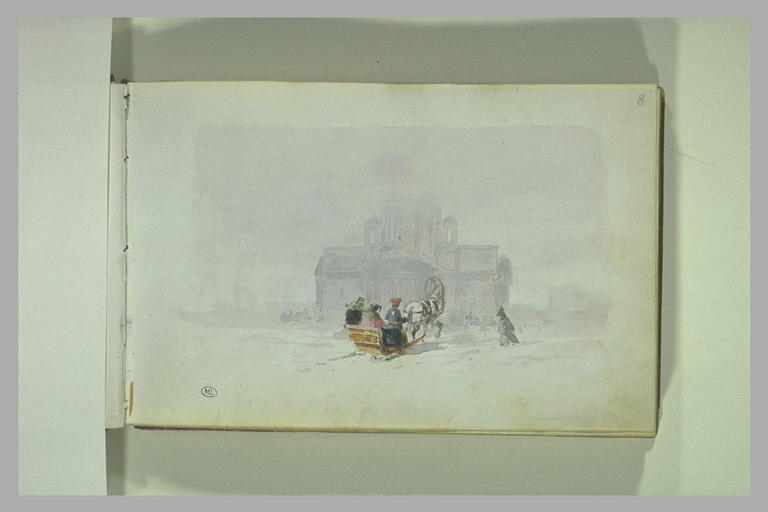 Personnages en traineau à cheval s'éloignant vers une église dans la brume_0