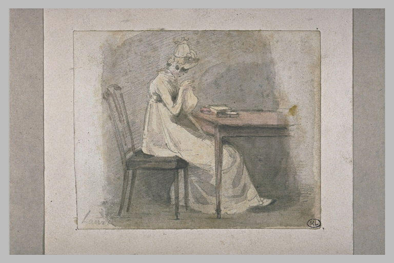 Laura, jeune fille en robe blanche, assise et cousant_0