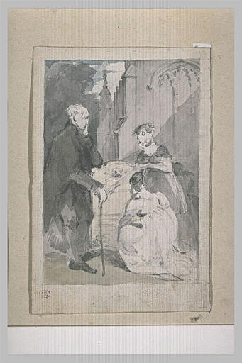 Un vieillard et deux jeunes filles devant une tombe_0