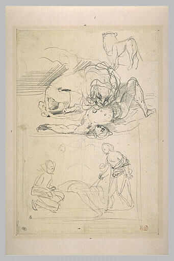 Lion dévorant un cadavre et deux personnages près d'un mort_0