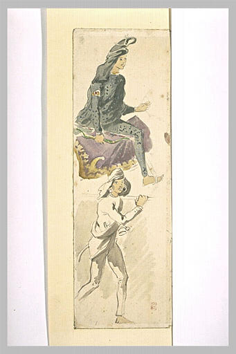 Cavalier de trois quarts à gauche ; oriental marchant vers la droite_0