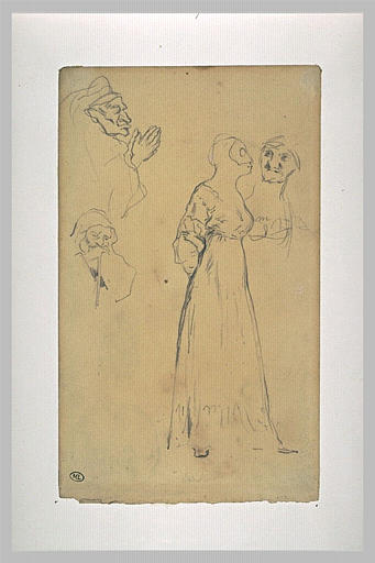 Femme debout masquée et trois personnages en buste_0