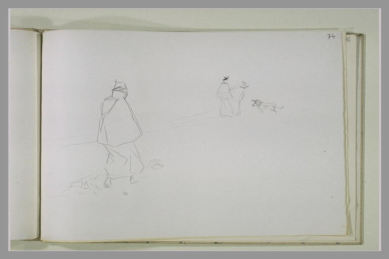 Figure en pèlerine, de dos, et deux personnages avec un chien, au loin_0