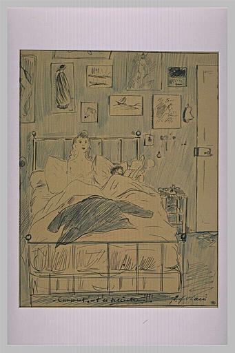 Couple au lit, dans une chambre aux murs ornés de tableaux_0