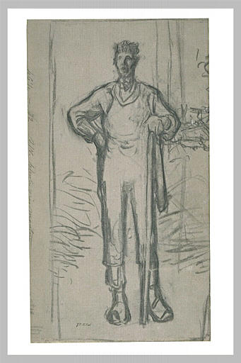 Homme, debout, de face, la main gauche posée sur un grand bâton_0