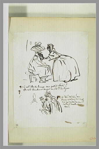 Caricatures : homme travesti et une femme ; deux figures déguisées_0