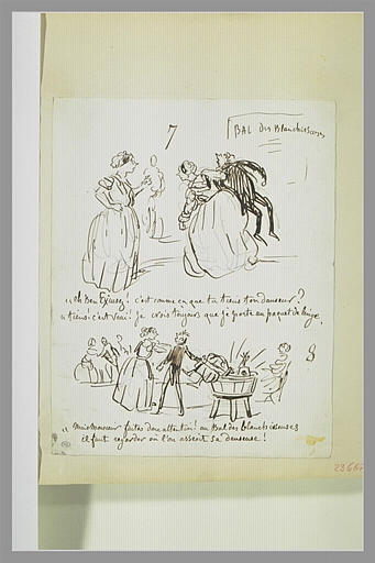 Caricatures : couple de danseurs au bal des blanchisseuses ; scène de bain_0