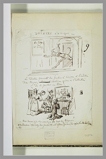 Caricatures : diable courant devant un théâtre ; figures dans une loge_0