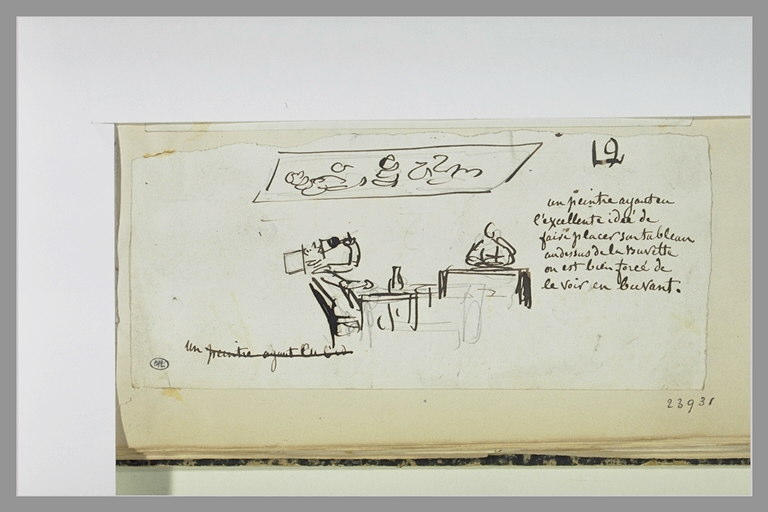 Caricature : tableau au-dessus d'une buvette où se trouve un consommateur_0