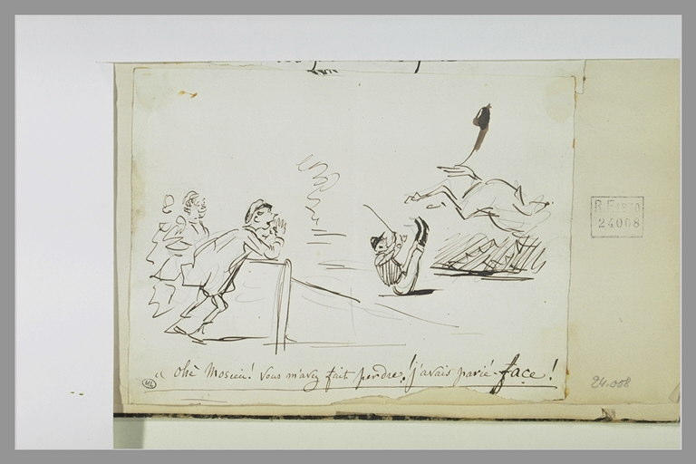 Caricature : un gamin assistant à la chute d'un jockey et criant_0