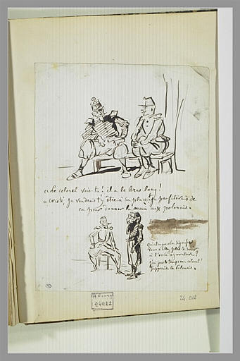 Caricatures : deux soldats sur un banc ; soldat devant un officier_0