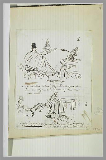 Caricatures : dame interpellant une autre femme ; cheval mordant un laquais_0