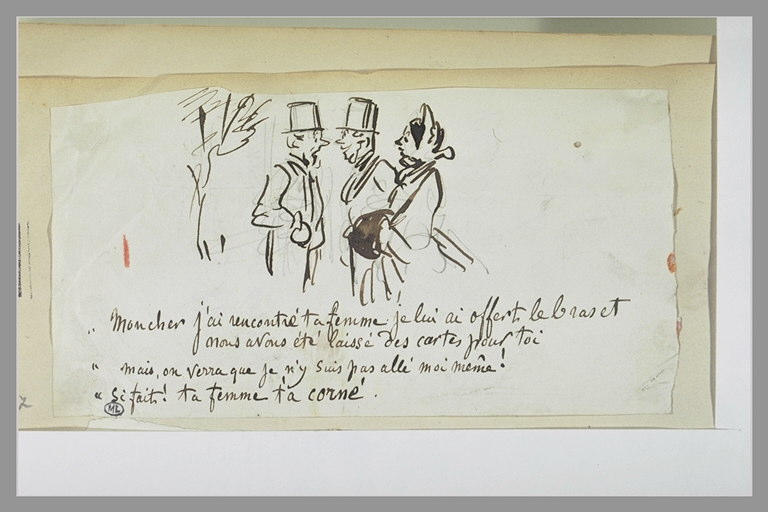Caricature : homme se trouvant nez à nez avec un couple_0