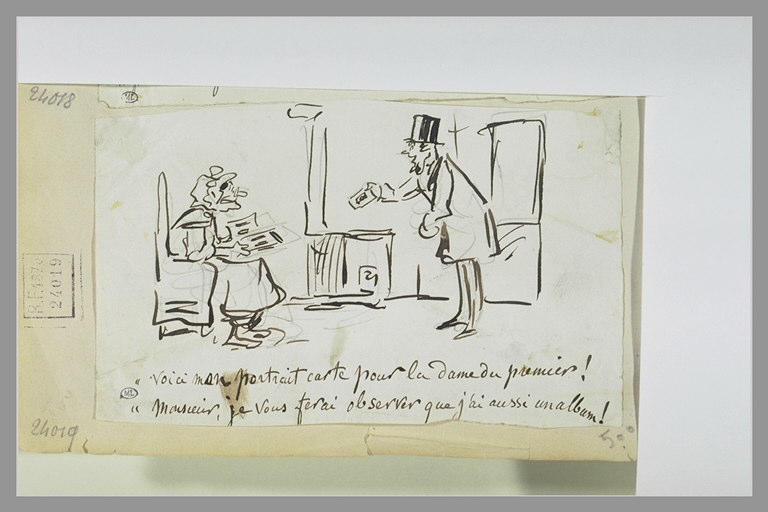 Caricature : un monsieur présentant une carte à une vieille dame_0