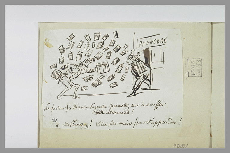 Caricature : homme présentant un almanach à M. Pagnerre_0