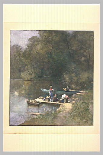 Lavandière sur un débarcadère, au bord d'une rivière_0