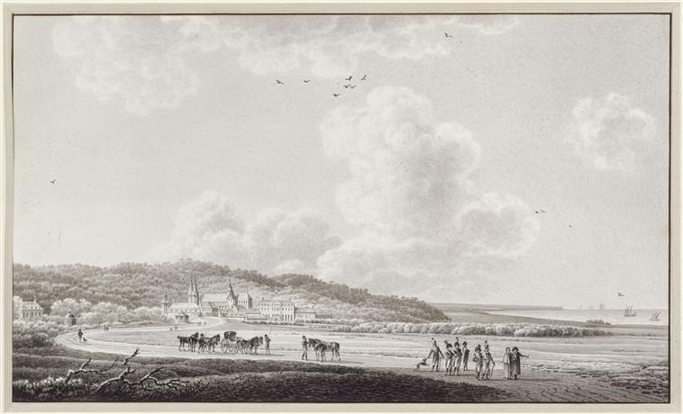 Vue d'Oliva au nord de Dantzig : château et grande église ; Le Général Savary, malade, accompagné de son médecin et d'officiers, visitant l'abbaye cistercienne d'Oliva près de Dantzig en 1807 (autre titre)_0