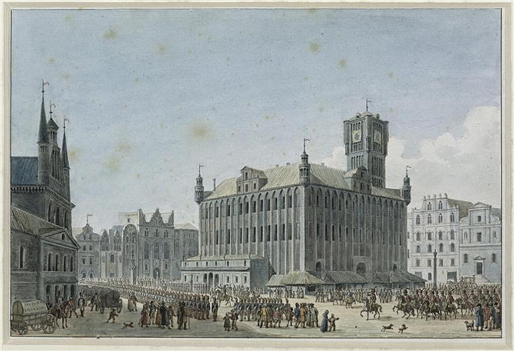 Vue de Thorn : place sur laquelle des troupes sont passées en revue ; Défilé des troupes françaises sur la Grande Place de Thorn en Pologne en 1807 (autre titre)_0