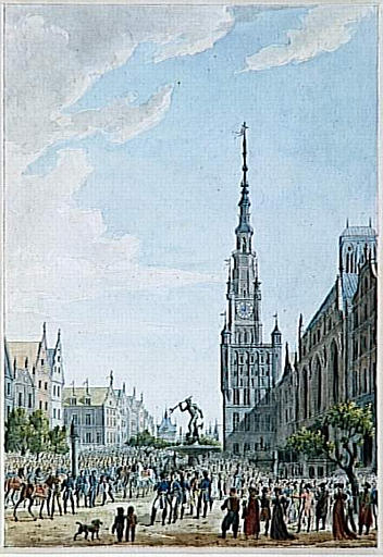 Une place de forme allongée ; Le Maréchal Lefebvre recevant la capitulation du maréchal Kalkreuth sur la Grand-Place de Dantzig le 27 mai 1807 (autre titre)_0