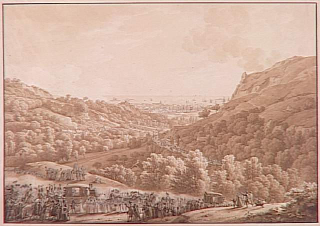 Route serpentant à travers un vallon qui aboutit à une ville ; Voyage de l'Impératrice Marie-Louise en Normandie en Août 1813 - Arrivée du cortège aux portes de Cherbourg - L'Impératrice recevant l'hommage de la délégation chargée de l'accueillir aux portes de la ville (autre titre)_0