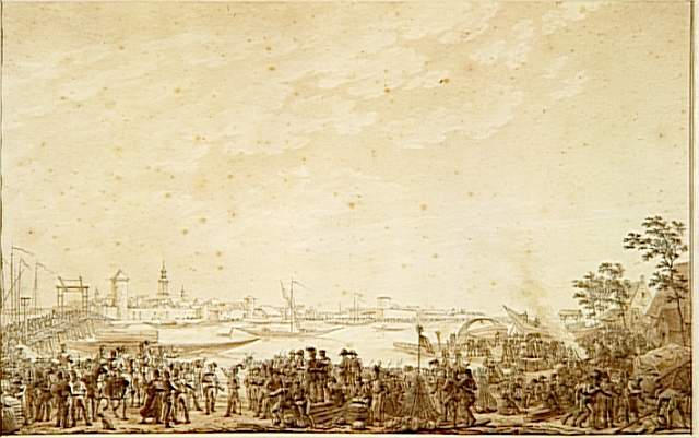 Troupes au repos au bord d'une rivière ; Reddition de la ville et forteresse de Spandan, le 25 octobre 1806 (autre titre), Bourgeois