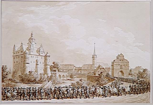 Un cortège de soldats suivant un étang qui entoure un château ; Un enterrement militaire à Lutzen, au début du 17ème siècle (autre titre)_0