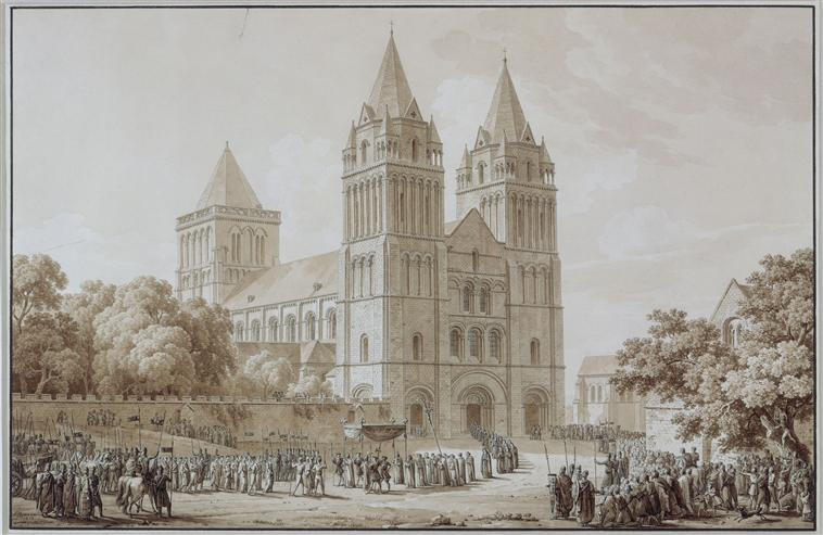 Procession de personnages médiévaux sortant d'une grande église ; Procession sortant d'une église de Worms à l'époque de Charlemagne pour accueillir une reine (autre titre)_0