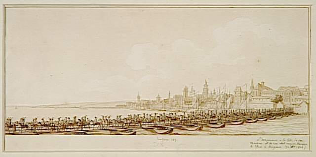 Napoléon Ier traverse le Rhin sur un pont de bateaux à Mayence, 30 oct. 1806 ; L'Empereur Napoléon Ier, à la tête de sa Maison et de son Etat-Major, traverse le Rhin sur un pont de bateaux à Mayence, le 30 octobre 1806 (autre titre), Bourgeois