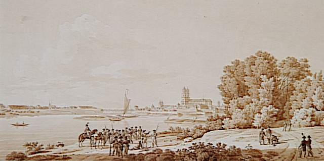 Soldats au repos sur le bord d'une rivière, à Magdebourg ; Vue de la ville de Magdebourg avec groupe d'officiers et de soldats français au repos (autre titre), Martinet, 1812