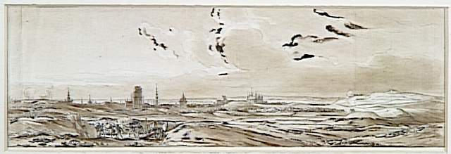 Terrain dénudé autour d'une ville ; Vue du siège de la ville de Dantzig - mai 1807 (vue générale de la ville et attaque d'une batterie d'artillerie) (autre titre)_0