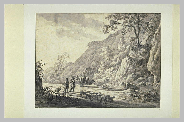 Rivière coulant au bas de rochers, devant des pâtres et leur troupeau_0