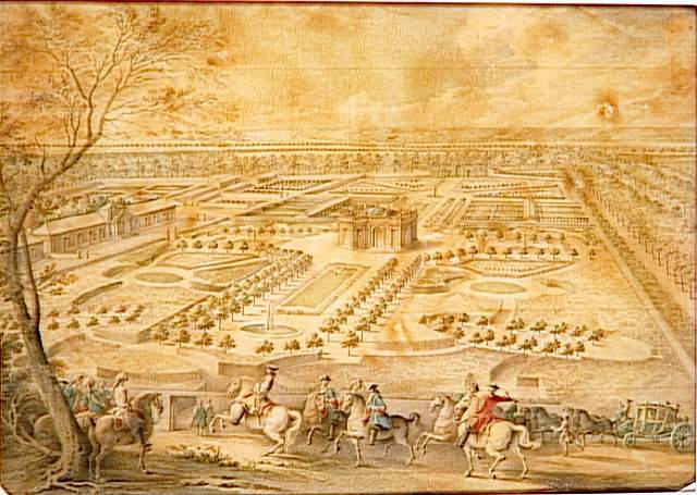 Vue de la ménagerie de Louis XV à Trianon ; Louis XV en vue des jardins de Trianon, de la ménagerie et des basses-cours, du Pavillon français et du Portique de Treillage vers 1750 (autre titre)_0