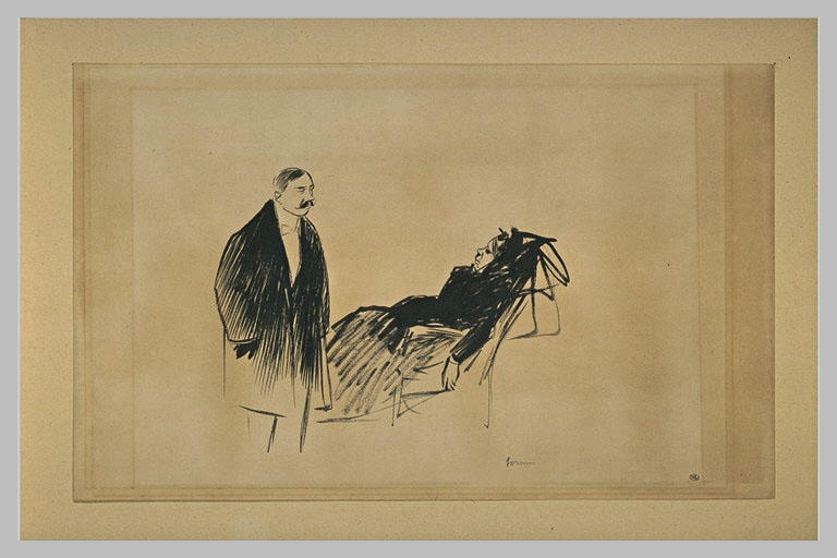 Homme en habit noir auprès d'une femme étendue dans un fauteuil_0