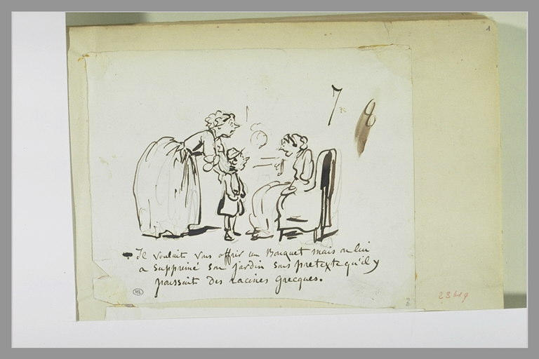 Caricature : femme présentant un collégien à une autre femme assise_0