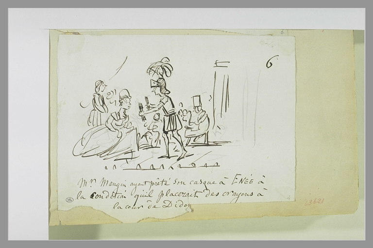 Caricature : un homme en tunique courte présente des crayons à une femme_0