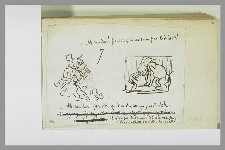 Caricature : spectateurs regardant un homme, la tête dans la gueule du lion_0