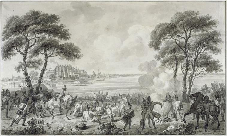 Un bivouac au bord d'un étang ; Surprise d'un bivouac prussien par les troupes françaises devant le château et la ville de Schwerin en 1806 (autre titre)_0