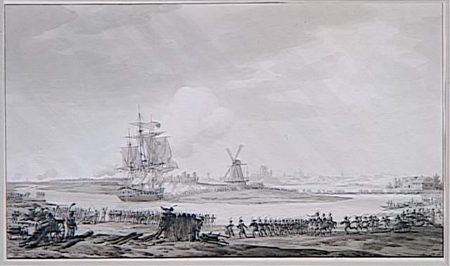 Rivière contournant une langue de terre sur laquelle se dresse un moulin ; Prise de la corvette anglaise 'La Jalouse' sur la Vistule le 19 mai 1809 (autre titre)_0