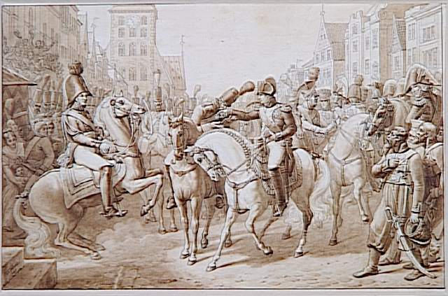 Dans une rue de ville allemande, Napoléon à cheval, tend la croix ; Napoléon décorant à Tilsit, de sa propre croix de la Légion d'Honneur, le 'premier grenadier de la Russie' Lazareff, du bataillon Preobrazenski, 8-7-1807 (autre titre)_0