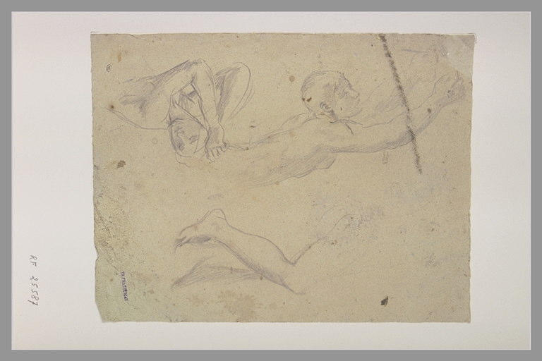 Homme à mi-corps, étendu ; femme à mi-corps levant les bras ; jambes_0