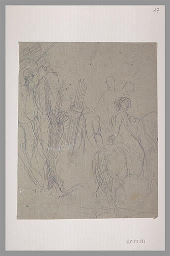 Homme portant des pieux ; homme retenant des chevaux ; cavalier_0