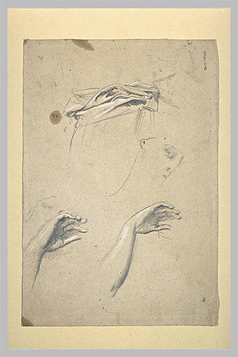 Deux études d'une main droite levée devant un visage, et une draperie_0