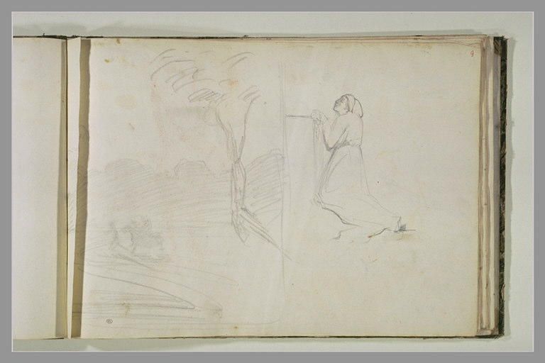 Paysage avec un arbre ; femme agenouillée_0