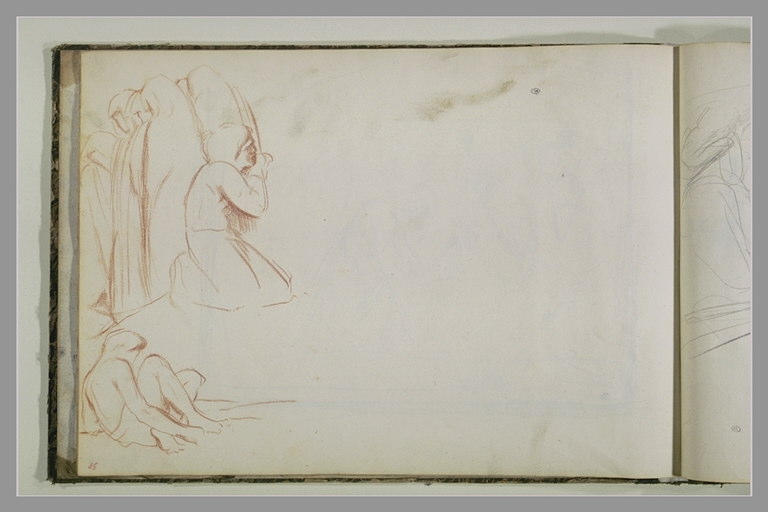 Femmes, debout, voilées ; homme agenouillé ; homme assis à terre_0