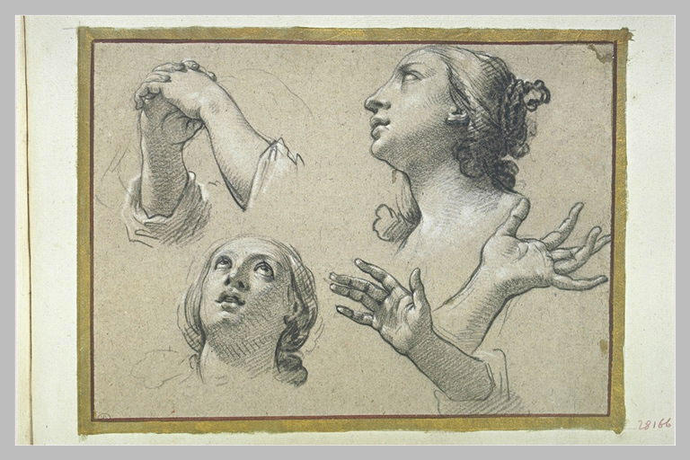 Deux têtes de femme ; bras et mains jointes ; deux mains ouvertes_0