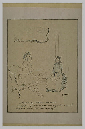 Jeune femme en déshabillé assise sur un canapé devant sa servante_0