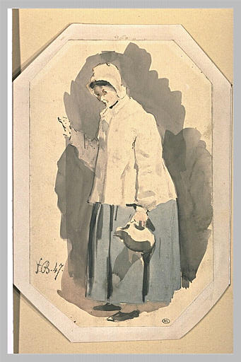 Femme en jupon bleu et camisole blanche, un bonnet sur la tête_0