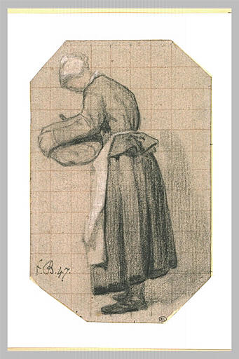 Femme, debout, un bonnet sur la tête, tenant un bassin_0