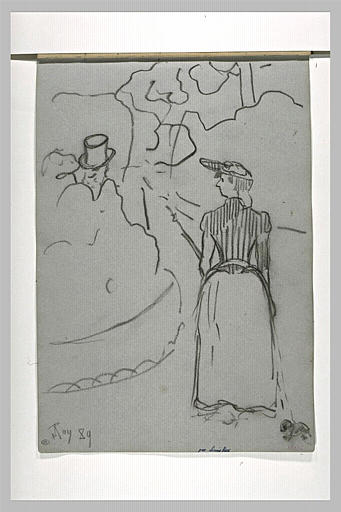 Femme se promenant et tête d'homme coiffé d'un haut de forme_0