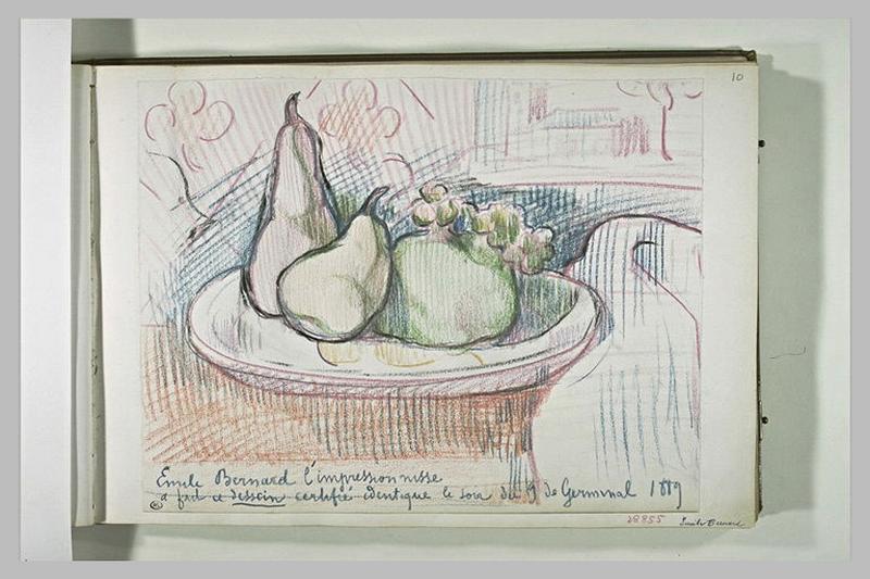 Nature morte : poire, aubergine, pomme, fleurs sur un plat_0